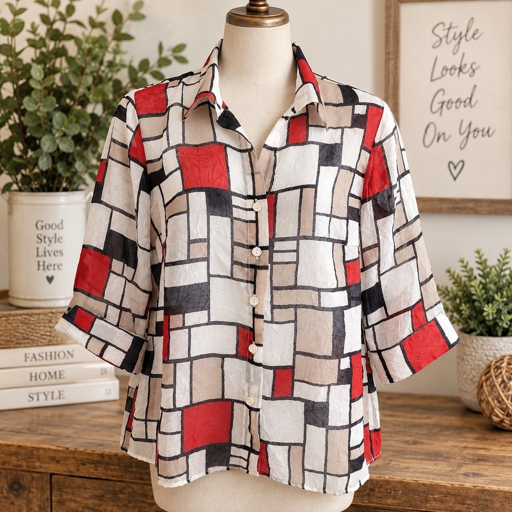 Woman Geometric Color Block Print Button Down Blouse Red Black 2X USA Made Sheer